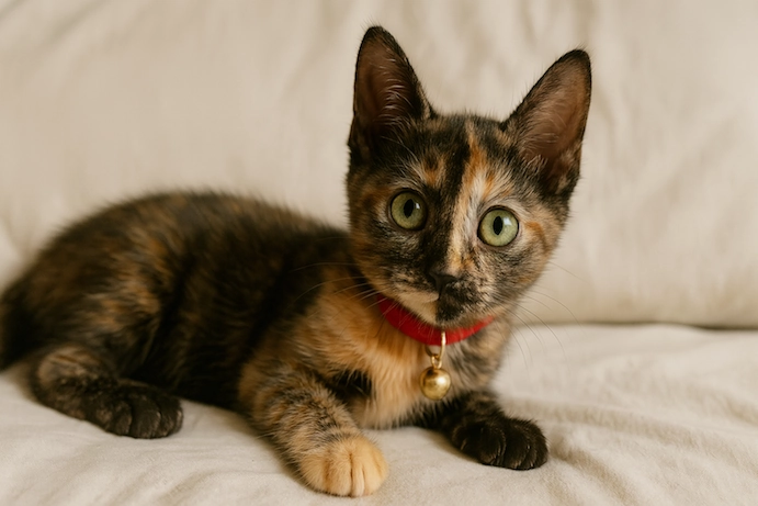 ChatGPT用プロンプトで生成されたサビ猫キャラクターの画像。赤い首輪と金の鈴をつけた子猫が白いソファに横たわる、フォトリアルなスタイル。