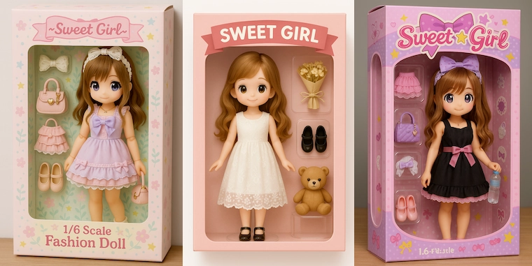 AI生成「Sweet Girl」ファッションドールの3種類セット。
