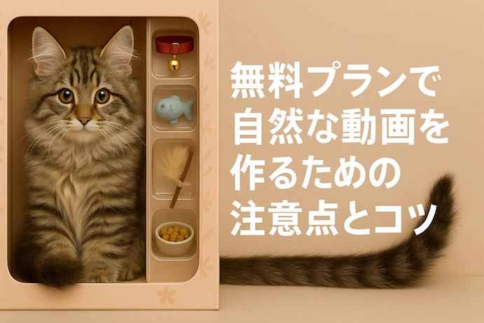 ChatGPT生成、箱入りAI猫フィギュアと「無料プランで自然な動画を作るための注意点とコツ」