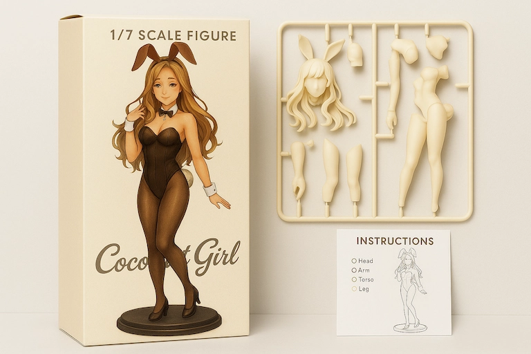 AI生成1/7スケールフィギュアの箱と組み立て前のパーツ。バニーガール姿のイラストと、未塗装の組み立てキット。