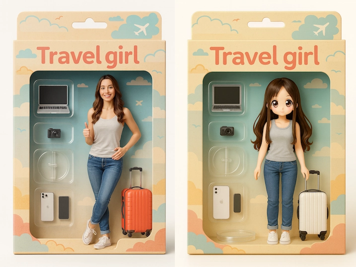 「AI フィギュア 生成」アクションフィギュア風、アニメ調フィギュア風、参考画像
