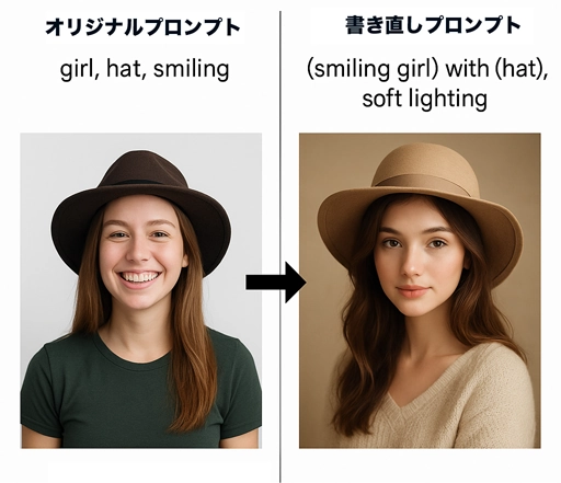 「girl, hat, smiling」のシンプルなプロンプトと、括弧や修飾を加えた「(smiling girl) with (hat), soft lighting」のプロンプトを比較した画像。記号の使い方で生成結果に違いが出る例。