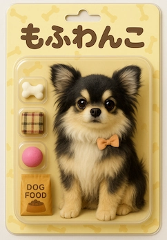 ChatGPT「わんこブリスター工房」で生成された「もふわんこ」というタイトルのブリスターパック。