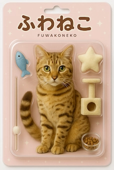 ChatGPT「にゃんこブリスター工房」で作成された「ふわねこ」のブリスターパック