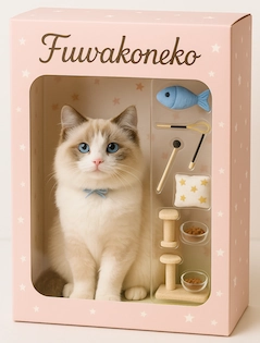 ChatGPT「箱入りにゃんこ工房」で作成された「Fuwakoneko」のブリスターパック。