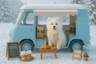 「もふキッチンカー工房」より生成、キッチンカーのAI生成犬フィギュア。