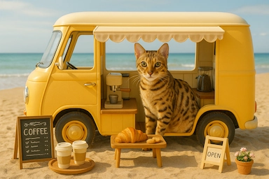 「もふキッチンカー工房」より生成、キッチンカーのAI生成、猫フィギュア。
