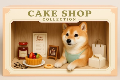 「もふケーキ工房」より生成、ボックスパックのAI生成柴犬リアルフィギュア。