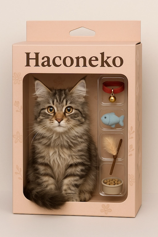 ChatGPT生成「Haconeko」ブリスターパックのAI生成猫フィギュア。