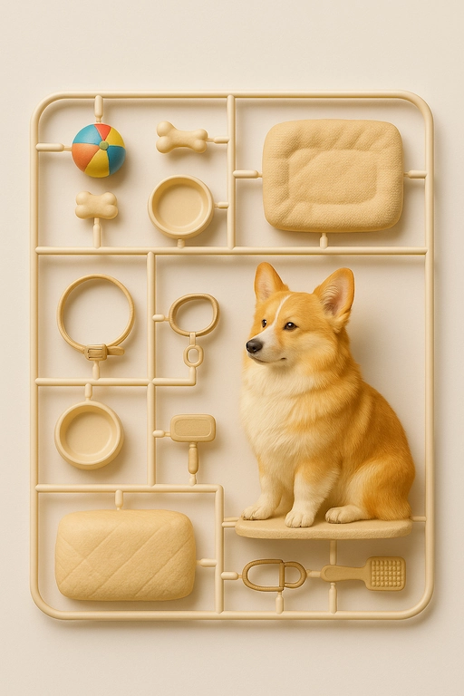 「ふわもけプラモ工房」で作成されたコーギー犬のプラモデル風AIフィギュア。
