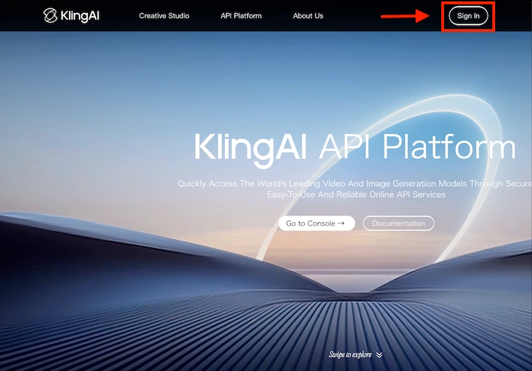 Kling AIの公式サイト「Sign In」スクリーンショット。