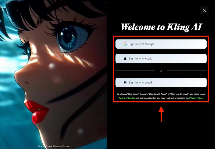 Kling AIのログイン画面、Google、Apple、メールでのサインイン選択スクリーンショット。