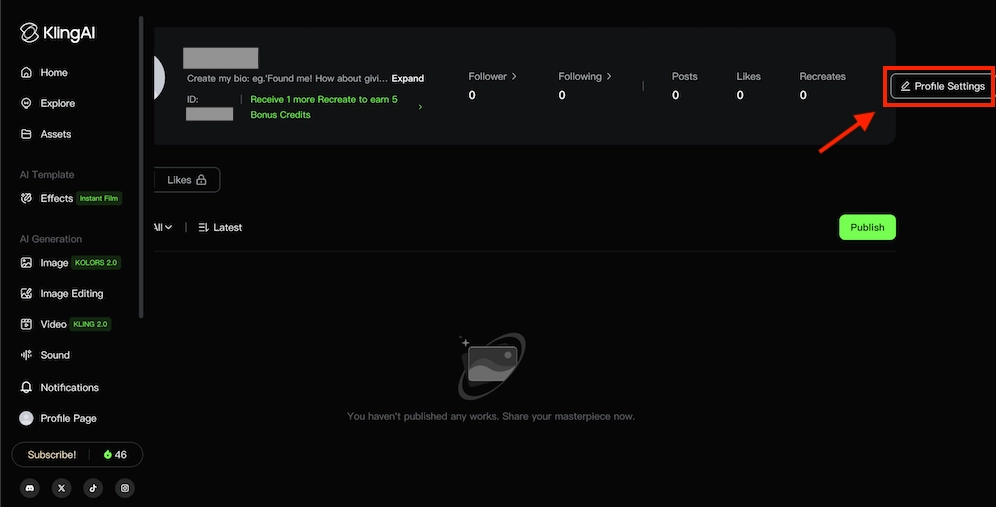 Kling AIログアウト手順Profile Settings スクリーンショット