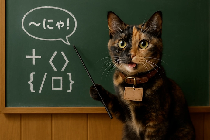 黒板の前で記号を解説するサビ猫キャラクターのイラスト。「〜にゃ!」の吹き出しと記号(+、〈〉、{})を使いながら、プロンプト記号の重要性を楽しく伝えるまとめ画像。