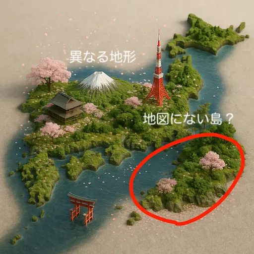 ChatGPTで生成した日本の3Dミニチュア地図の誤出力例。