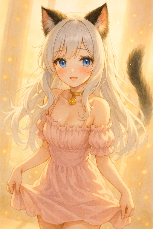 ChatGPT画像生成で作成した、白い猫耳の美少女キャラクターのアニメスタイル画像。