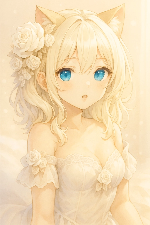 プロンプト例で生成で描かれた、白いレースのドレスを着た金髪の猫耳美少女キャラクター。