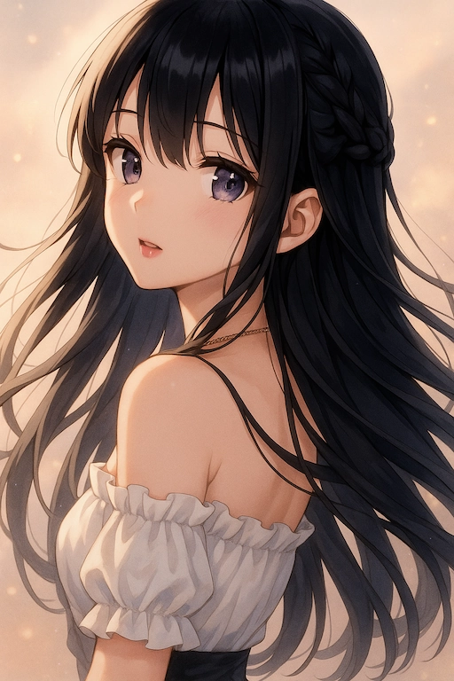 ChatGPT画像生成による黒髪の美少女キャラクター。振り返る黒髪の少女のアニメ風イラスト。