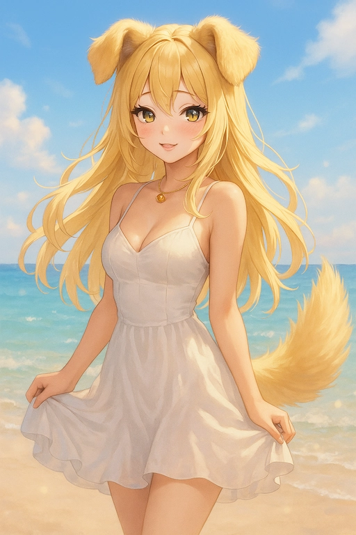 ChatGPT画像生成プロンプト例:白いドレスを着た金髪の犬耳美少女キャラクター。元気で明るい性格を表現した、夏のビーチ背景の高品質AIイラスト。