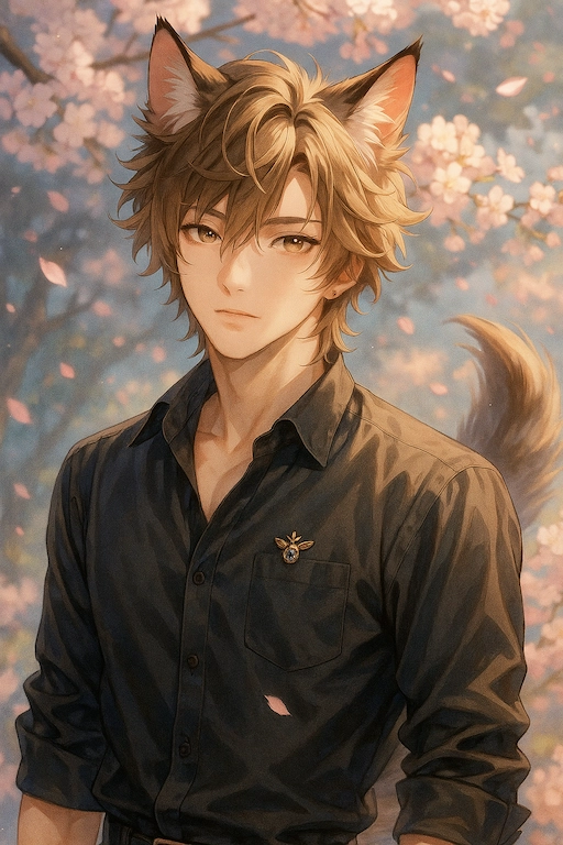 桜を背景に立つ茶髪の狼耳を持つクールな雰囲気の男子キャラクター。ChatGPTの画像生成プロンプト例「男の子編:クール系キャラの作り方」の参考ビジュアル。