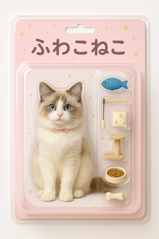 「にゃんこブリスター工房」より生成、ブリスターパックのAI生成リアル猫フィギュア。