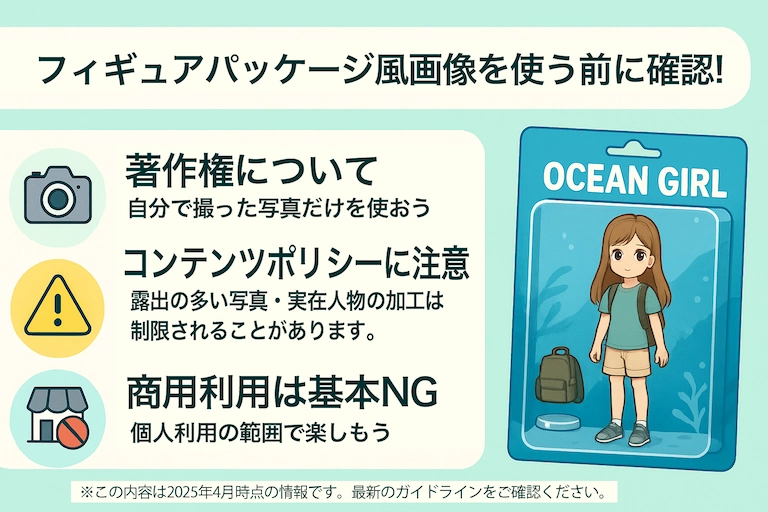 AI画像生成における著作権、コンテンツポリシー、商用利用についての注意喚起画面