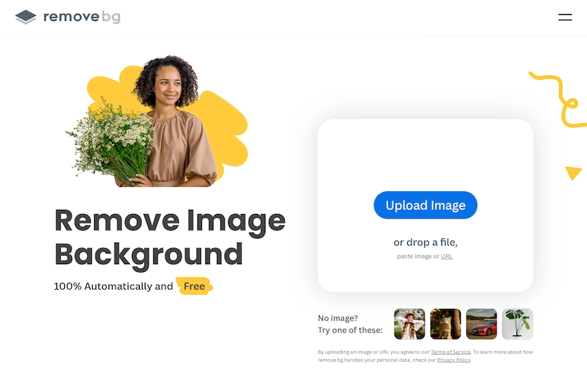 画像背景を自動削除する「remove.bg」サイトのトップ画面、スクリーンショット