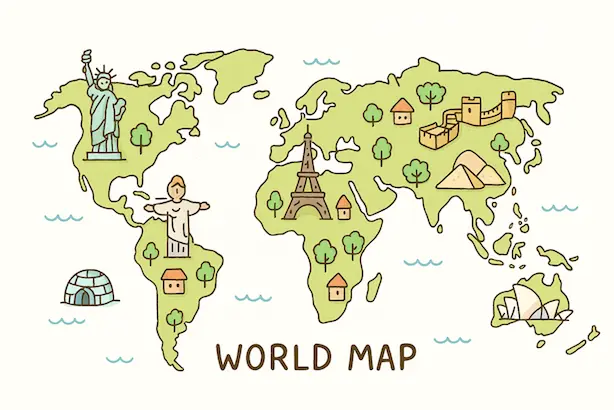 世界各国のランドマークをイラスト化したワールドマップ