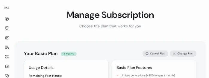 Midjourney「Manage Subscription」スクリーンショット