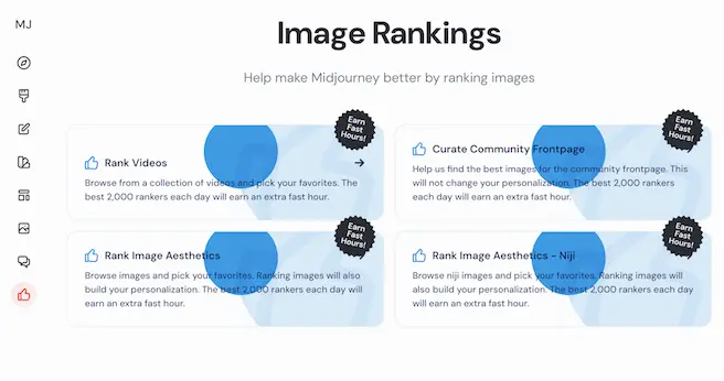 MidjourneyのTasksよりImage Rankingsスクリーンショット